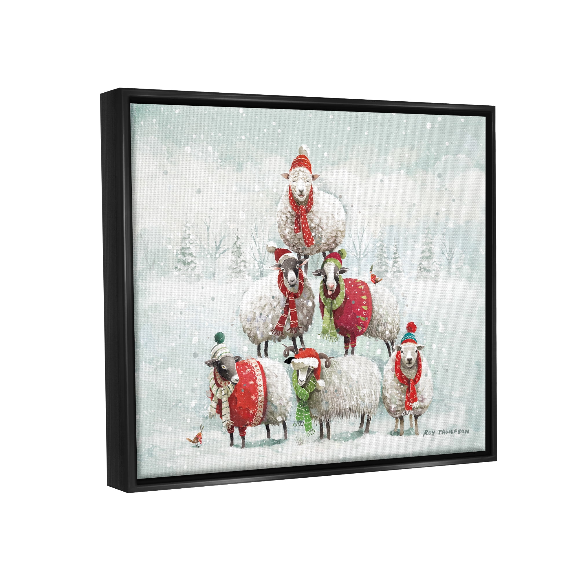 Stupell Industries Winter Sheep Snowy Farm Animals Holiday Painting Black Floater Framed Art Print Wall Art