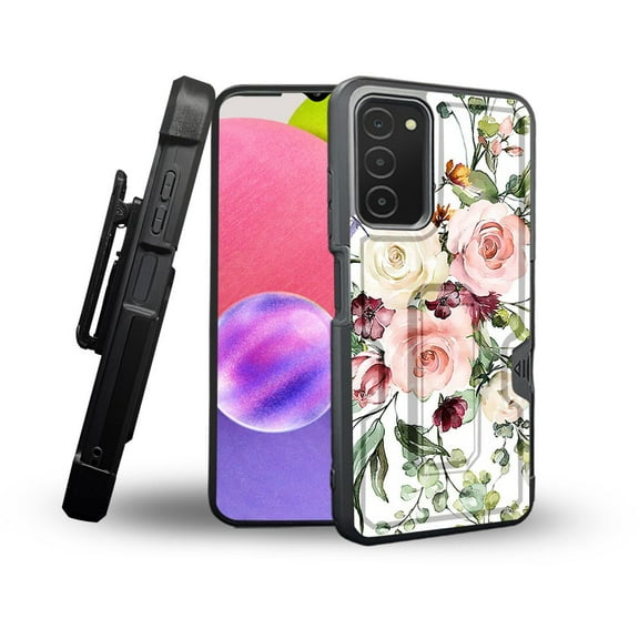 ANJ  Rugged Shockproof Holster Case Card Slot Kickstand   Tempered Glass Cover for Samsung Galaxy A03s - Flower Bouquet