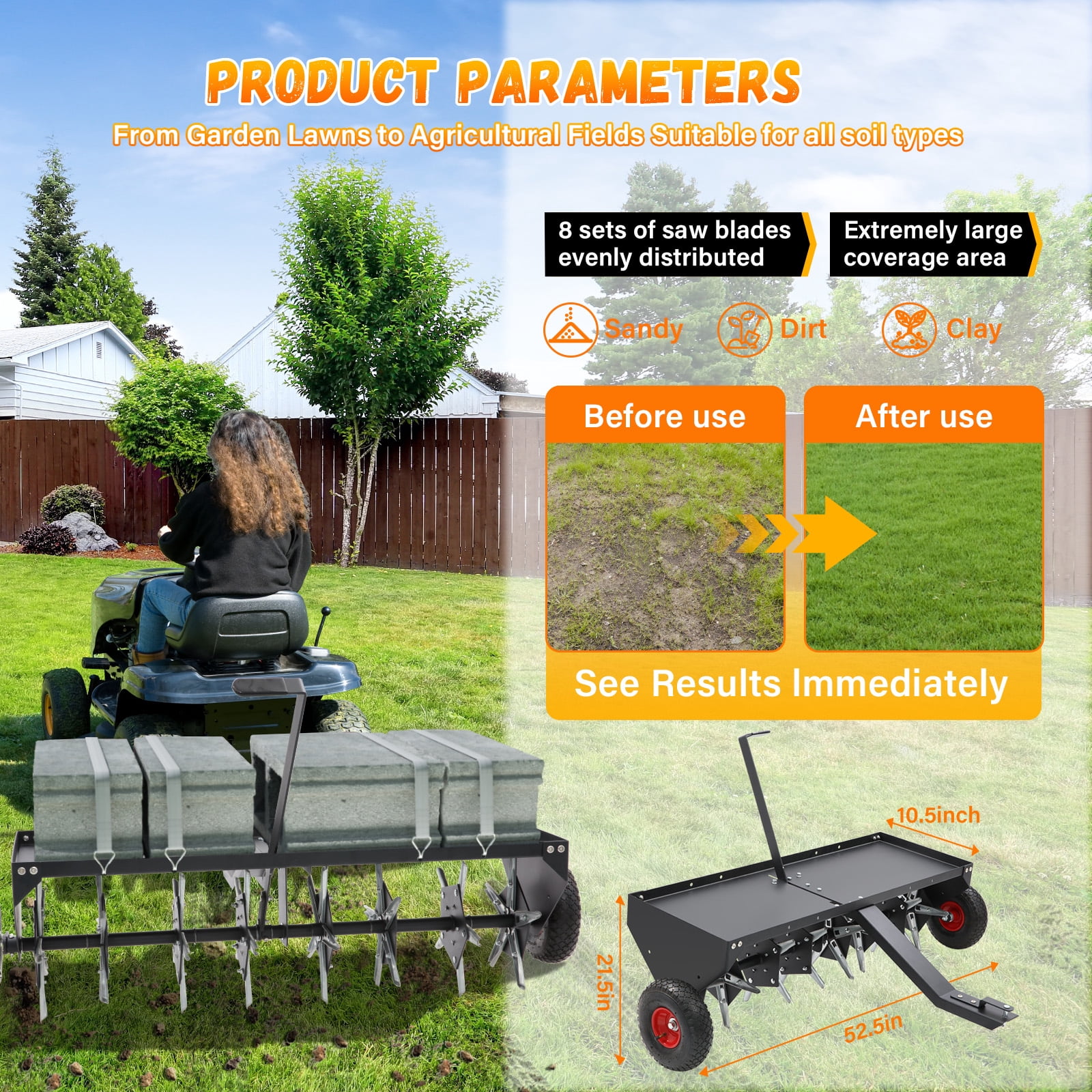 52-Inch Tow Behind Lawn Plug Aerator with Universal Hitch, 40 Galvanized Steel Tines, Weight Tray & Inflatable Wheels for Lawns, Gardens & Farms