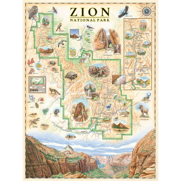 Zion National Park Hand-Drawn Map Poster 18x24", Vintage-Style Wall Art, Lithographic Print with Soy-Based Inks, Gift for History Buffs, Travelers, Teachers, Made in USA