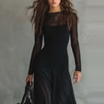thumbnail image 4 of Women's Black Tulle Maxi Dress, Retro Round Neck Bohemian Evening Dress, Sheer Patchwork Western Style Dress for Formal Events and Boho Chic Outfits Black L, 4 of 8