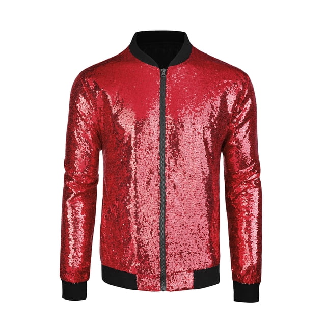 INSPIRE CHIC Men's Long Sleeve Zipper Glitter Bomber Jacket Coats Red S