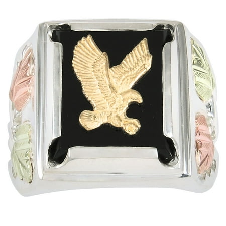Black Hills Gold Eagle Ring in Fine Sterling Silver with Black Onyx