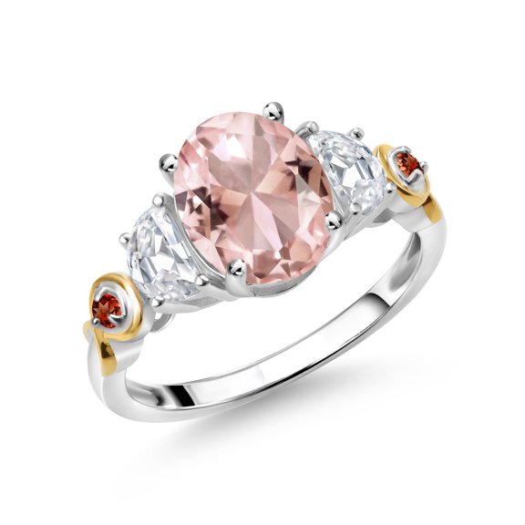 Gem Stone King 925 Silver and 10K Yellow Gold 3-Stone Ring Oval Peach Nano Morganite and Moissanite (2.53 Cttw, Size 7)