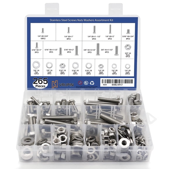 265PCS Bolts and Nuts 1/4"-20, 5/16"-18, 3/8"-16 Carbon Steel Hex Bolts and Nuts Set Hardware Screws Assortment Kit (3 Types, 4 Different Sizes-3/4�