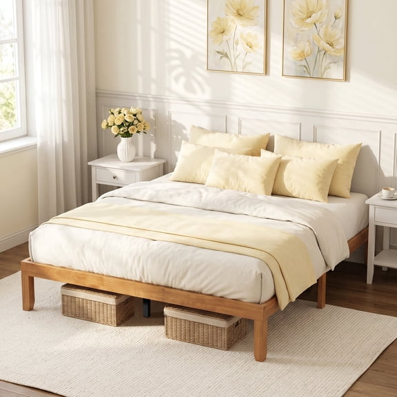 Queen Wood Platform Bed Frame, 700 lbs Heavy Duty Support, Noise-Free, No Box Spring Needed, Easy Assembly, Space-Saving Design, Warm Light Oak