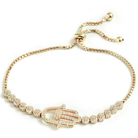 Pori Jewelers CZ 18kt Gold-Plated Sterling Silver Hamsa Friendship Bolo Adjustable Bracelet
