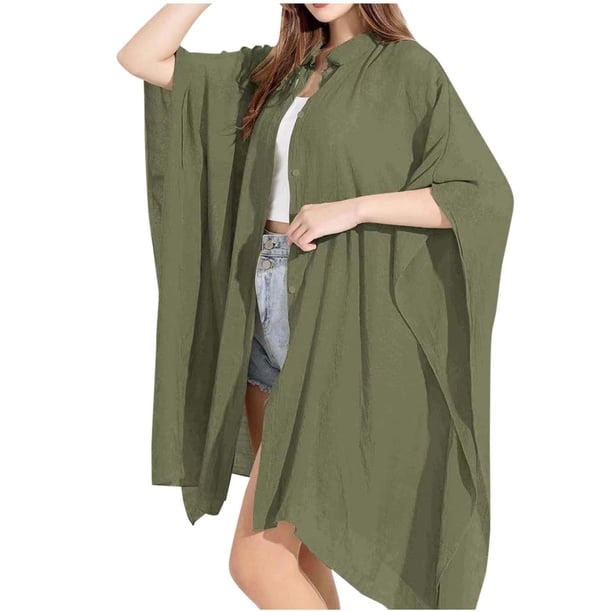 Chales de algodón para mujer, estilo cárdigan de color liso con cuello camisero, ideal para el tiempo libre y el temperamento.