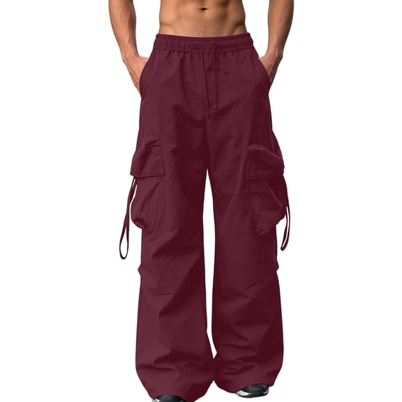 JUUYY Men's Parachute Pants Straight Leg Casual Baggy Cargo Pants Drawstring Elastic Waist Loose Fit Trouser with Multi Pockets Wine XS