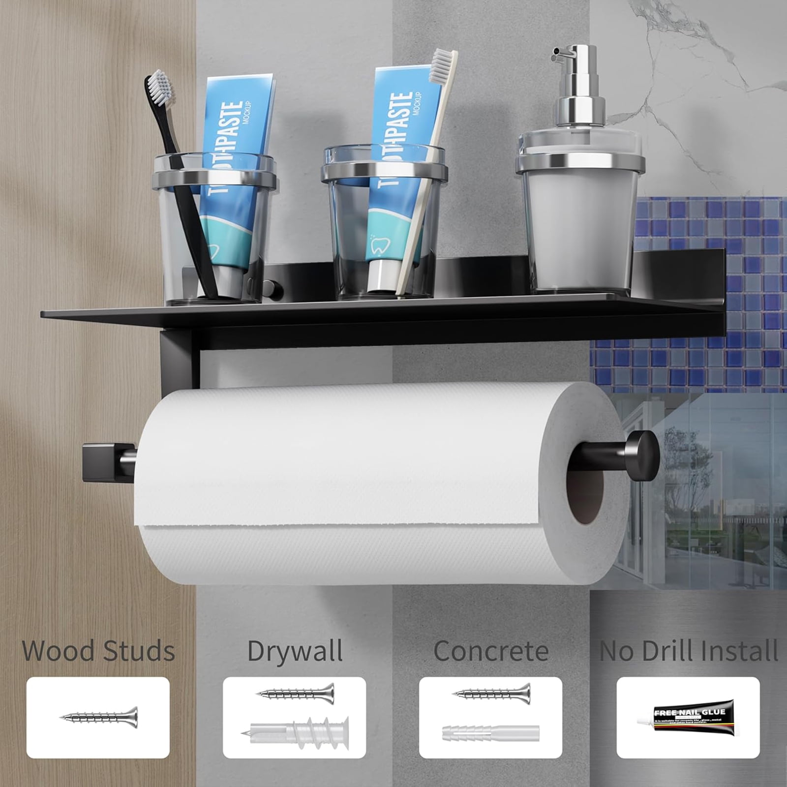Paper Towel Holder,Paper Towel Holder Wall Mount,Under Cabinet Paper Towel Holder Suitable For Bathrooms/Kitchens, Condiments, Paper Towels, Paper Towel Holder With Shelf