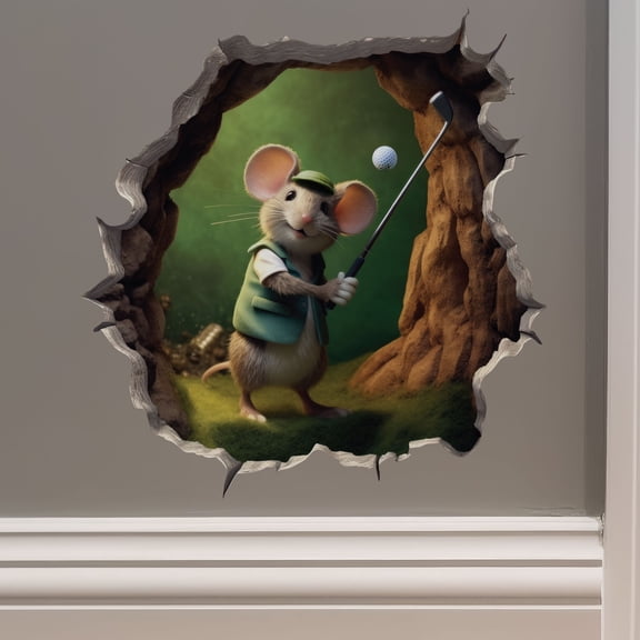 Golfing Mouse in Mouse Hole Decal - Mouse Hole 3D Wall Sticker