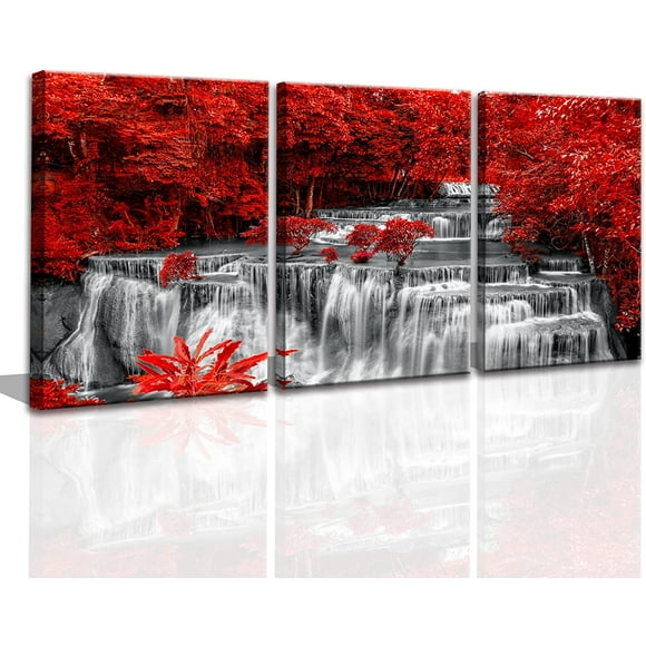 AIR-Black White and Red Waterfall Canvas Wall Art Forest Paintings Waterfall Artwork for Wall Print Landscape Wall Picture for Living Room Wall Decor Large Framed Wall Art -24x48inches