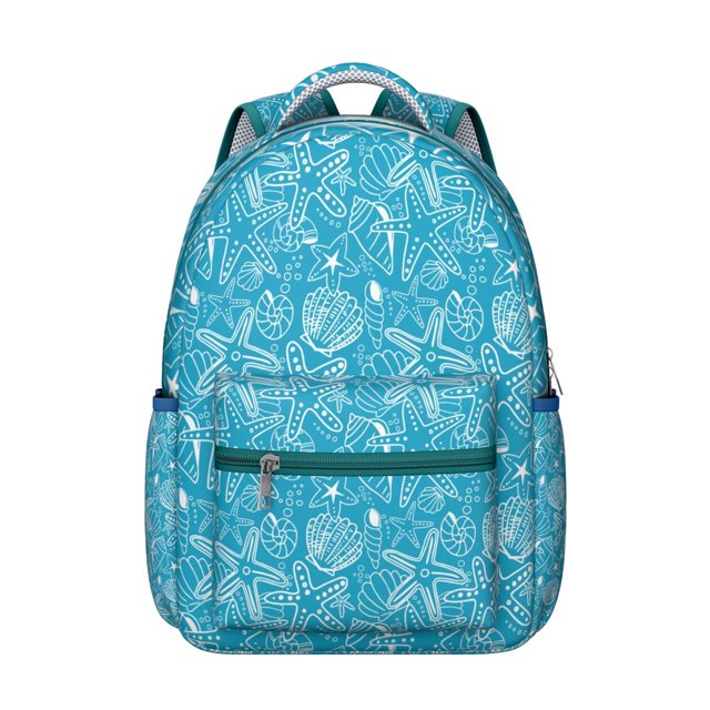 Coastal Seahorse Backpack for Student Waterproof Durable Composite Oxford Cloth with Tropical Seashells and Waves Print, Adjustable Straps, Comfortable and Spacious for School and Beach