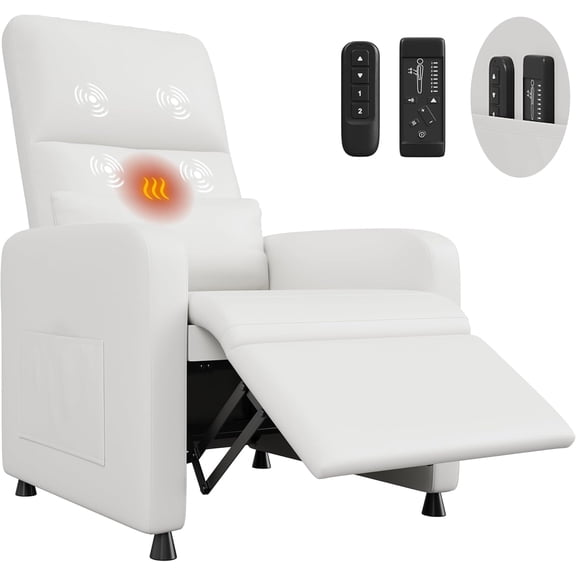 Electric Recliner Chair with Dual Memory Remote, PU Leather Tall Back Recliner, Heat & Massage Single Sofa Chair, Ergonomic Lounge Reading Chair for Living Room, Clearance,White