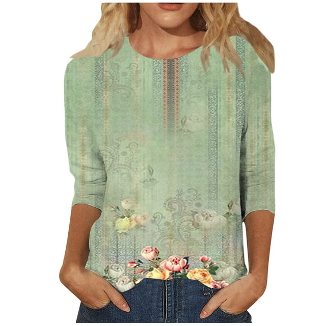 HKEJIAOI Chemises à Manches 3/4 pour Femmes Col Rond Imprimé Floral Summer Tops M