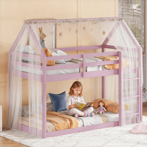 URTR Twin Over Twin Floor House Bunk Bed with Ladder and Guardrails, Wooden House-Shaped Twin Bunk Floor Bed Frame for Bedroom, Pink