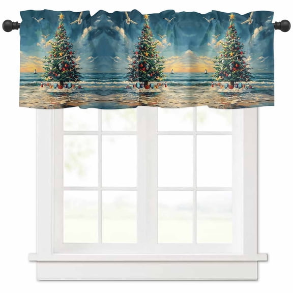 Vintage Winter Valances for Windows, Ocean Beach Christmas Tree Seagull Light Filtering Window Treatment Valances, Rod Pocket Small Curtains for Kitchen/Bathroom, 60"x14"