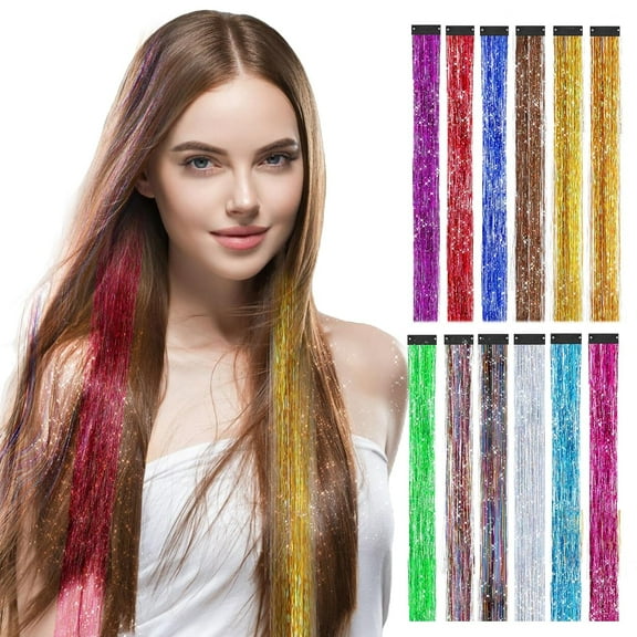12Pcs Fairy Hair Tinsel Kit 19 Inch Clip On Hair Fairy Tinsel Kit 12 Colors Clip On Glitter Hair Tinsel Extensions for Women & Girls (Color Mixing)