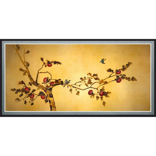 Oriental Furniture Birds on Plum Tree Canvas Wall Art, 35.25"W x17.75"H