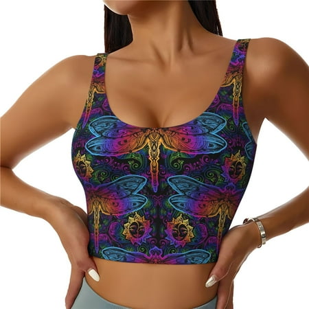 Jgfou Mandalas Dragonfly Print Womens Sports Bra - Padded Workout Sports Bras Crop Tank Top