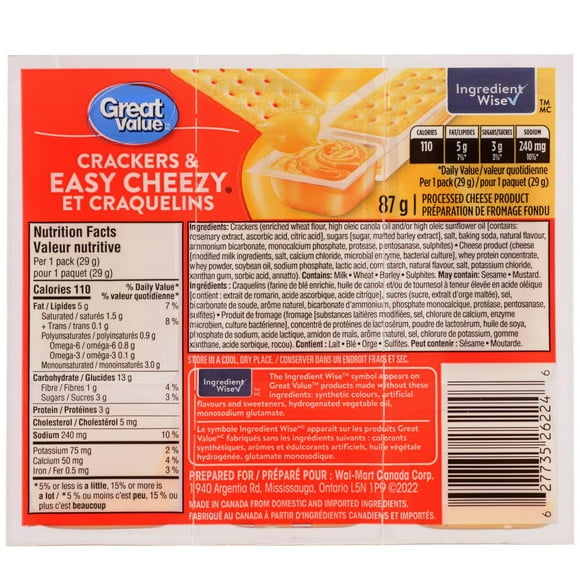 Easy Cheezy et craquelins Great Value 87 g