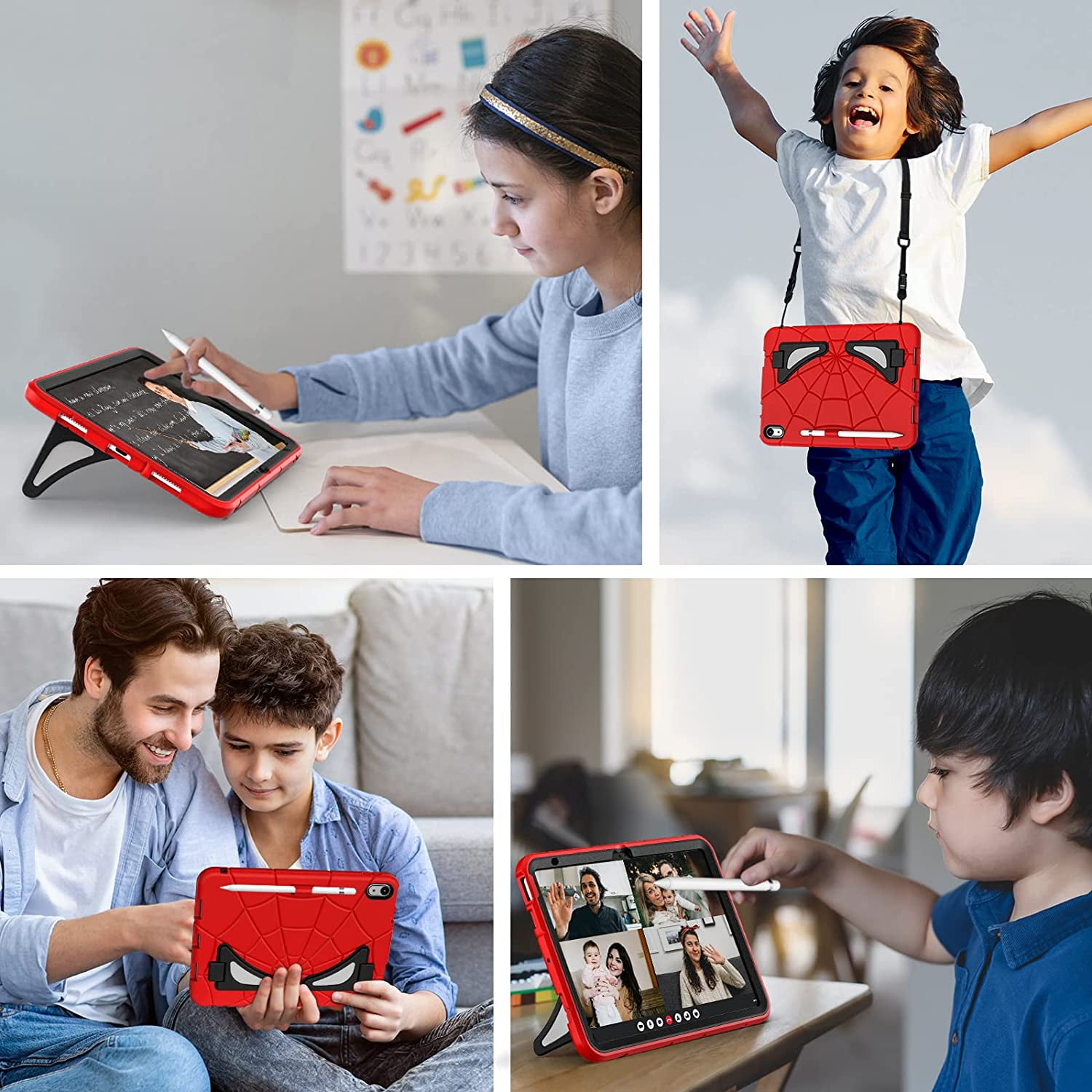 REQO iPad 10th Generation Case 2022, Kids Friendly iPad 10.9 Case with Kickstand Shoulder Strap Pencil Holder, Heavy Duty Protective Case for iPad 10th Generation 2022 Release, Red Black