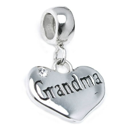 Heart Dangle Phone Charm - Sterling Silver Grandma Love Heart Cubic Zirconia Crystal Dangle Bead Charm Fits Pandora