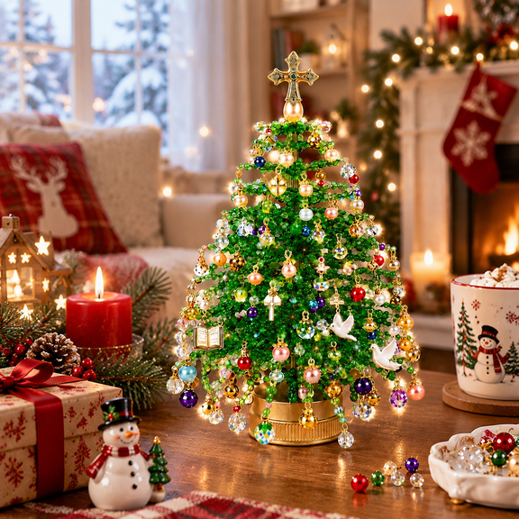 DIY Beaded Christmas Tree Kit with Lights, 3D Crystal Bead Holiday Craft Set, Tabletop Decor for Adults