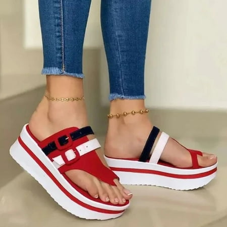 

Women s Sandals Summer Beach Casual Shoes Platform Peep Toe Sandals Thick Heels Slip on Buckle Shoes