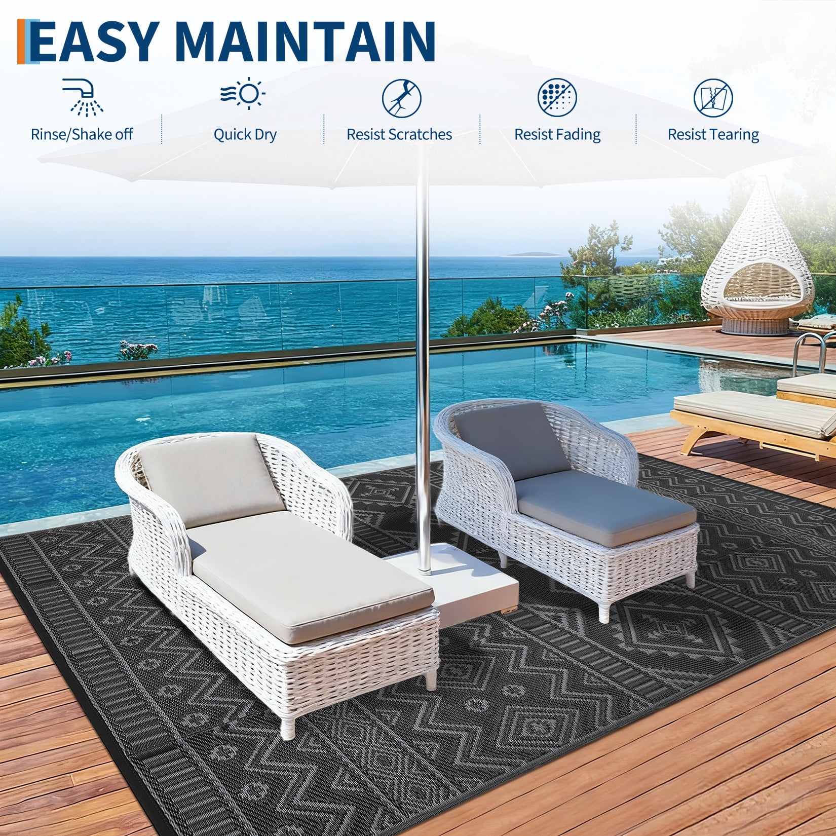 HIWEAVER 8' x 10' Black/Gray Outdoor Rug PP Plastic Straw Woven Waterproof Patio Rug with Border Portable Outside Carpet for Balcony Deck Picnic Garden Decor