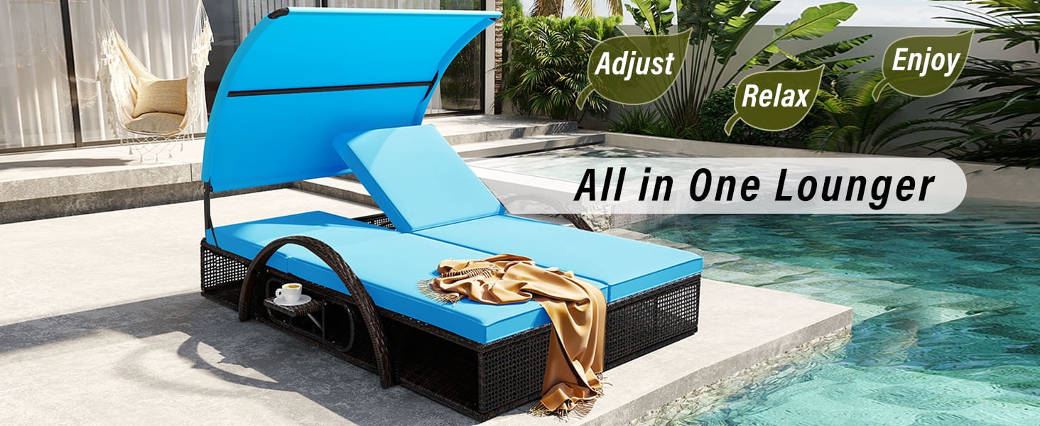 Mintazer 72.8" Outdoor Double Chaise Lounge with Adjustable Canopy & Pop-Up Side Table, Patio Double Sunbed with Arched Armrests for Patio Poolside, Brown & Blue