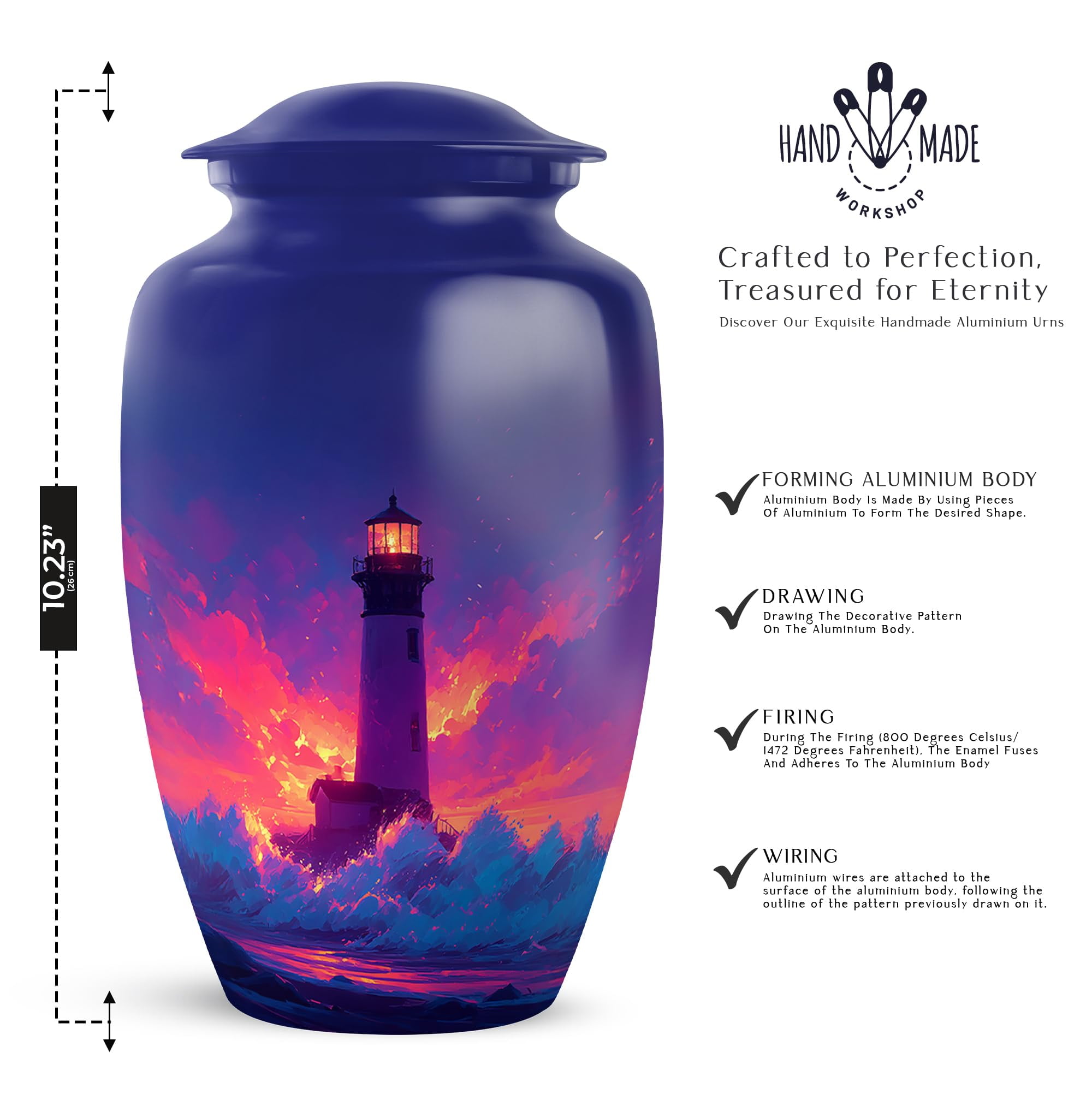 Lighthouse Adult Cremation Funeral Urn for Human Ashes, Keepsake Memorial Gift, Beautiful Handcrafted Small Urns for Ash, Combo, Dark Blue (10 Inch & 3 Inch Mini Set of 3)
