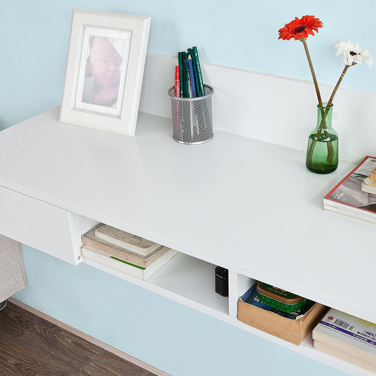 SoBuy® FWT30-W Bureau informatique Table murale Table de cuisine avec 1 tiroir et 2 compartiments ouverts Blanc 