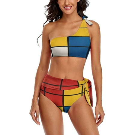 Mondrian Inspired8 One Shoulder Bowknot Swimsuit Two Piece Swimsuit Knot Crop Top Bikini High Waisted Bathing Suit