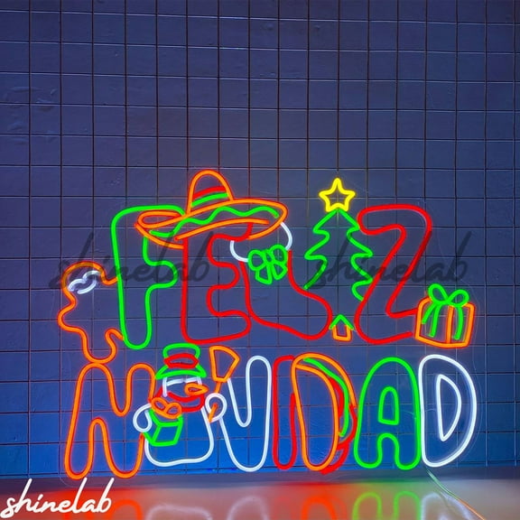 Shinelab Feliz Navidad Sombrero Neon Sign, Mexican Christmas LED, Party Decor