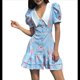 thumbnail image 2 of Vestido Vintage de los Años 50 para Mujer, Estilo Pastoral, de Cóctel, con Solapa, Mangas Abullonadas y Lazo en la Espalda. Azul L, 2 of 10