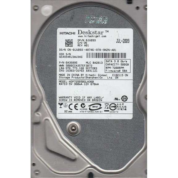 HDP725050GLA360, PN 0A36895, MLC BA2813, Hitachi 500GB SATA 3.5 Hard Drive