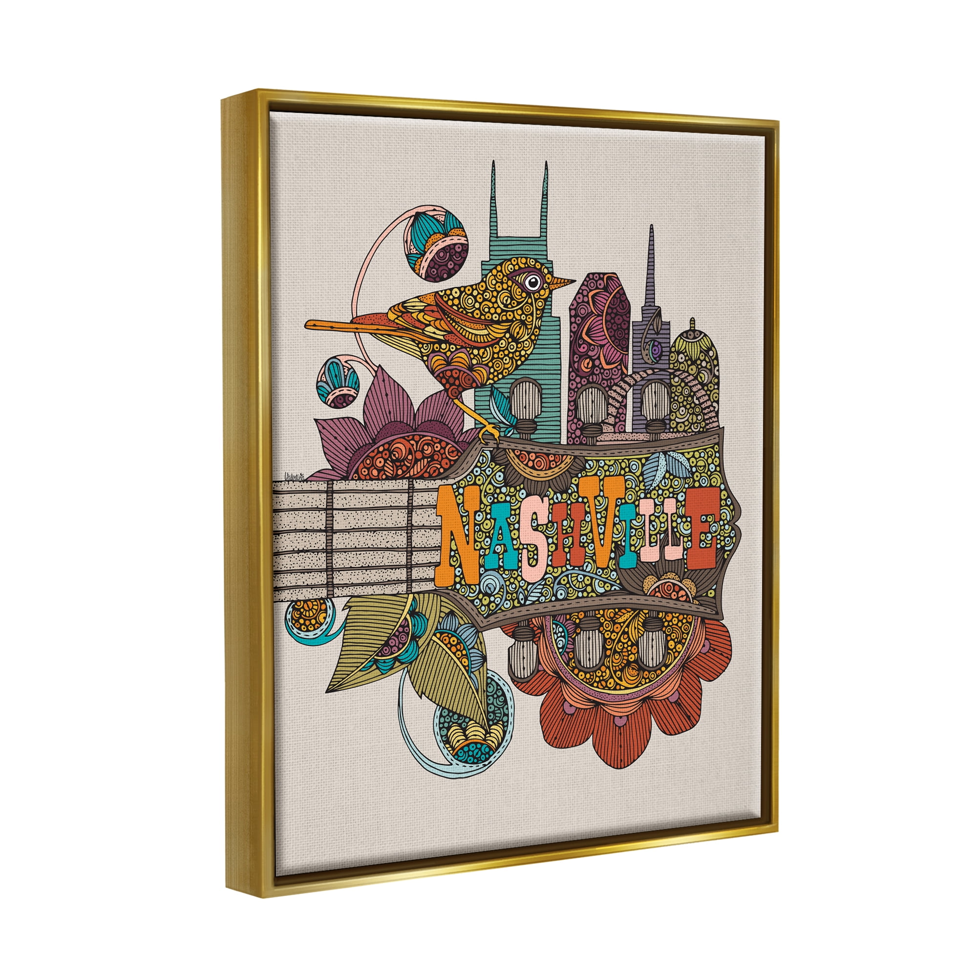 Stupell Industries Nashville Music City Bird Detailed Floral Patterns Graphic Art Metallic Gold Floating Framed Canvas Print Wall Art, Design by Valentina Harper