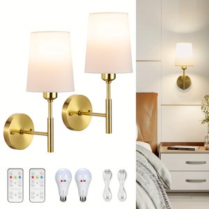 Set Of 2 Wall Sconces Battery Operated Battery Operated Wall Sconce Not Wiring Rechargeable Battery Wall Sconce With Remote Wireless Sconces Battery Wall Lamp/Lights For Bedroom (Gold)
