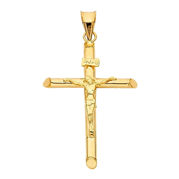 Wellingsale 14K Yellow Gold Polished Religious Catholic Crucifix Pendant