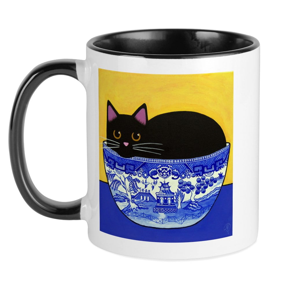 CafePress Black CAT In Blue Willow Bowl Mug Unique Coffee Mug