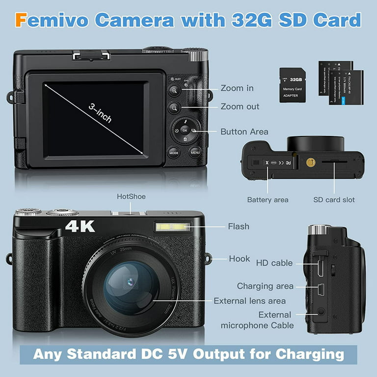 Cámara digital 4K con visor y flash, cámaras de enfoque automático de 48 MP  para fotografía, vlogging, cámara compacta de viaje para adultos y
