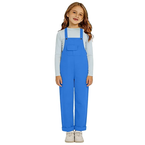 Blekii Girls Sleeveless Jumpsuit, Loose Fit Casual Overalls, Adjustable Strap School Romper, Blue, 100