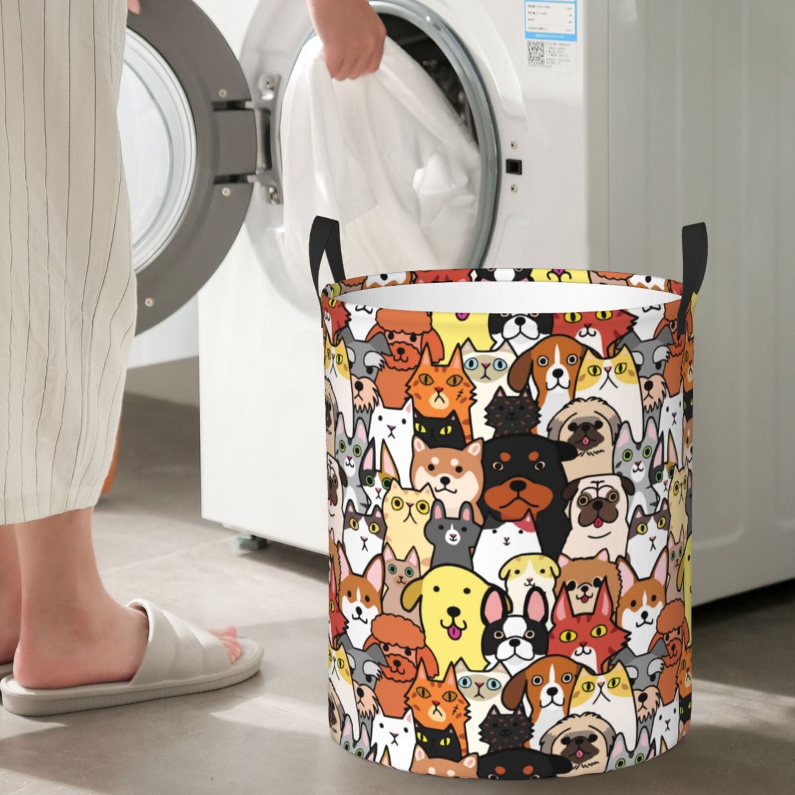 Large Laundry Basket with Handles - Cats & Dogs Group Kids Baby Dirty Clothes Laundry Hamper for Bedroom Aesthetic
