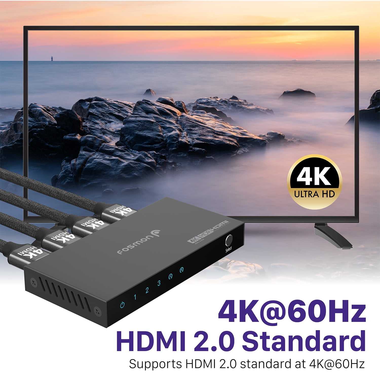 Fosmon 3-Port 4K HDMI Switch with Remote Control, 3 In 1 Out HDMI 2.0 Switcher Box (4K@60Hz, UHD, HDR, HDCP 2.2) for PS5 Xbox Nintendo Switch