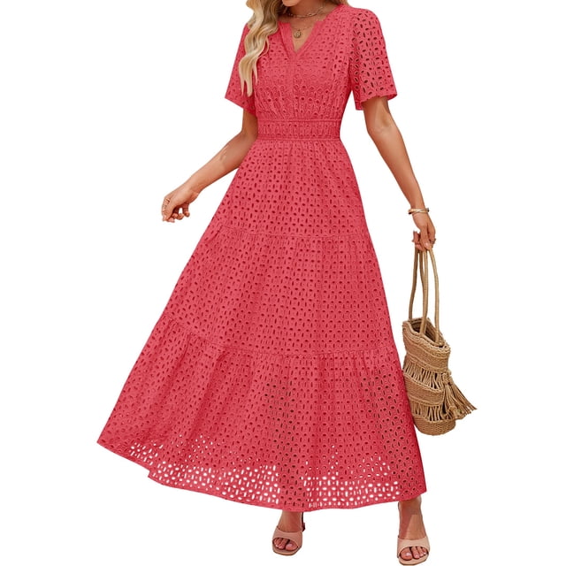 Vestido largo ZESICA 2025 de verano con manga corta y cuello en V para mujer