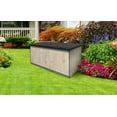 thumbnail image 1 of Foreman 120 Gallon Large Deck Box made from Compact Laminate and Anodized Aluminum with a Dark Grey Seat Cushion, removable Machine Washable cover and Graphite colored All Weather Nylon Deck Box cover, 1 of 4