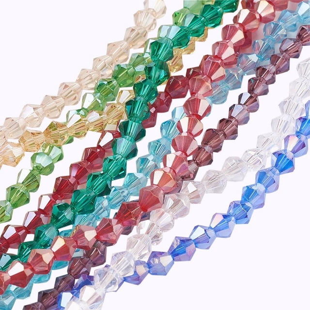 10 hebras de cuentas de vidrio facetadas bicónicas con baño de color AB, colores mixtos, con orificio de 4x4 mm (1 mm), 118 piezas por hebra.