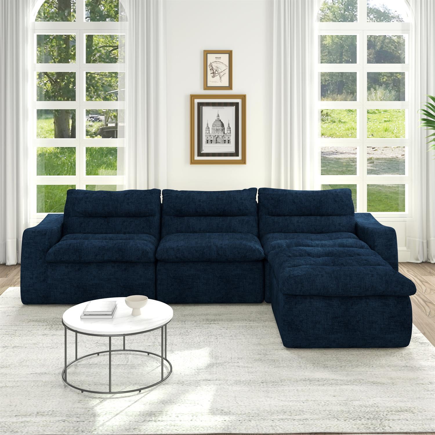 Demi Bonn 116" Modern L-Shaped Modular Sofa, Comfortable Beanbag Style, Stylish Lazy Couch for Living Rooms and Relaxation, Blue