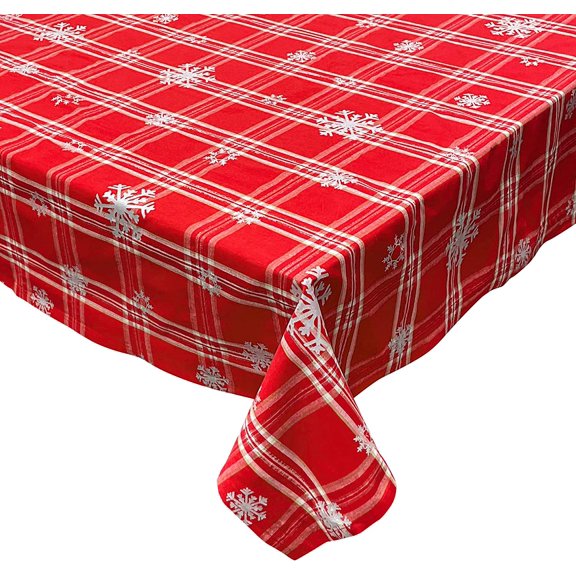 KOVOT Tablecloth - Red & White with Foil Accents Snowflakes -100% Cotton Table Cover for Christmas, Winter & Holiday Table Decor | | X-Large Kitchen Dining Tabletop Oblong Rectangle (60" x 84")